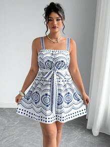 Flirla 大码女式夏季度假风格全身印花系带细肩带连衣裙 - 藍色 - 查看 3