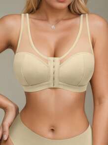 休闲蕾丝拼接无衬里可调节肩带前钩无钢圈文胸 - 米色 - 查看 8