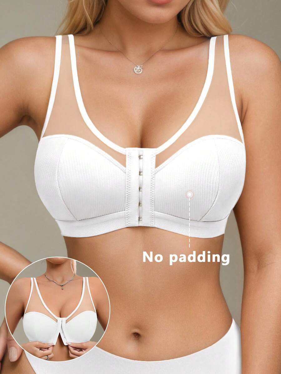 女士休闲无线可调节肩带前扣式文胸，纯色，尼龙 - 白色 - 查看 1
