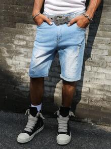 Manfinity Roughcore Men Casual Distressed Washed Rhinestone Ripped Denim Shorts - Blue - View 5