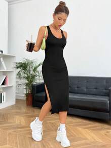 SHEIN EZwear Đầm Tách cao màu trơn Giải trí - màu đen - Xem 5