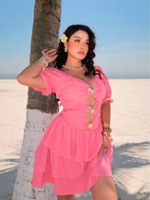 POPSWAY Vestido de manga abullonada con bajo redondeado estilo resort francés con conchas para mujer