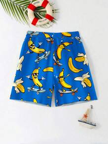 Pantalonetas de baño holgadas con estampado de plátano, gafas de sol y hojas en un estilo minimalista casual, adecuado para adolescentes en verano