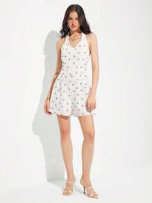 Roylia Fashionable Textured Cherry Print V-Neck Camisole Romper - White - View 4
