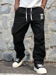 Manfinity EMRG 男士拼色条纹字母印花口袋抽绳腰裤 男士街头潮流裤 街头潮流男士裤子 - 黑色 - 查看 5