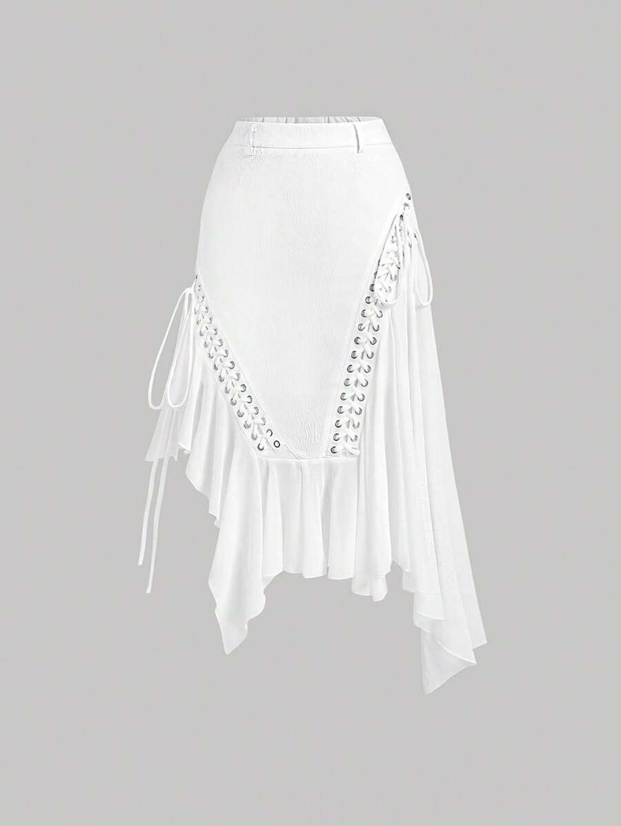 SHEIN MOD Women Asymmetrical Ruffled Strap Skirt, Boho Skirt,Concert Women,Western Wear Women,Long Skirt,White Skirt,Low Rise Skirt - White - View 1