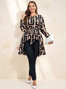 SHEIN Clasi Plus Size Women's Geometric Print Tie Waist Long Sleeve Blouse - Black - View 6