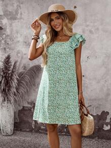 SHEIN LUNE 女士碎花印花方领荷叶边袖休闲连衣裙，适合夏季度假 - 彩色 - 查看 6