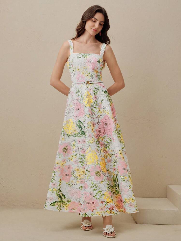 フレンチ ボタニカル レース プリント スリップドレス、Aライン シルエット、ウエストシンチデザイン、小花柄 シック ドレス、カントリーサイド スタイル