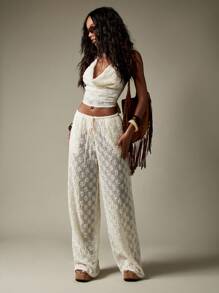 MISSGUIDED Pantalon large en dentelle bohème pour tenue de plage, mariage, détente, avec poches. Idéal pour festival, lune de miel, vacances - Blanc - Voir 4