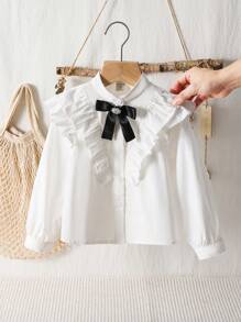 Blusa blanca casual de estilo escolar con volantes y lazo para niñas, ropa de niñas, camisas para niñas, ropa de verano para niñas, vestido de niña de las flores, blusa blanca, ropa de niña, ropa de vuelta al colegio para niñas, uniforme escolar, camisa blanca, ropa de verano para niños - Blanco - Ver 4