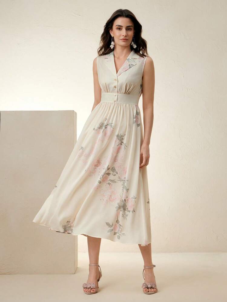 Women's Fashionable & Elegant Floral Print V-Neck Sleeveless Dress, Summer