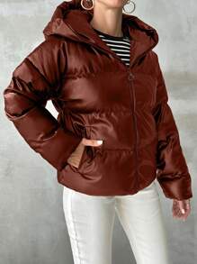 EURMUSE Women's Solid Color Long Sleeve Zipper Collar Casual Hoodie Jacket, Winter - Rust Brown - View 6