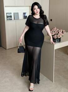 Flirla 大码女式性感低胸网眼拼接荷叶边长袖高开衩修身连衣裙，适合休闲外出、夜店、返校、约会之夜、度假、正式活动、返校派对、单身派对