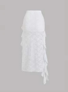 SHEIN PETITE Minifalda asimétrica con volantes de encaje y parches en estilo bohemio para mujeres de estatura baja, para primavera/verano