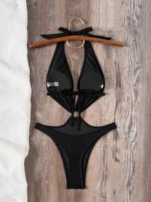 Swim SXY 纯色露背低胸性感丁字裤连体泳衣女款 - 黑色 - 查看 6