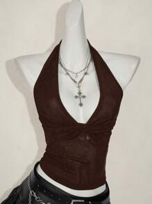 SHEIN ICON Women Casual Deep V-Neck Twist Halter Backless Camisole - Coffee Brown - View 9
