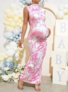 Loomaby Floral Print Ruched Maternity Shift Dress With Stand Collar - Pink - View 6