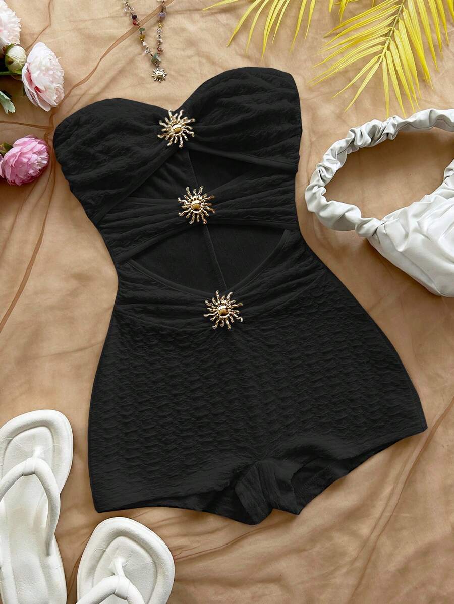 Soleia Combinaison slim blanche texturée en maille avec décoration métallique, convenant pour soirée, rendez-vous, thé de l'après-midi, festival de musique, croisière à la plage, tenue d'été