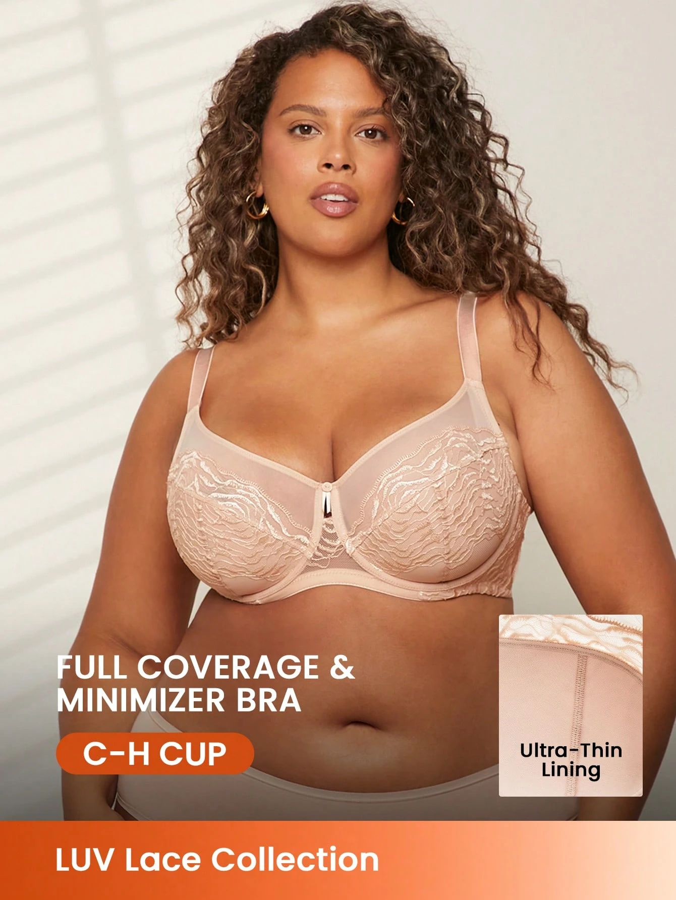 Reggiseno minimizer elegante e chic, in pizzo, con coppe senza imbottitura, traspirante e con supporto, per taglie curvy