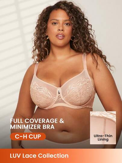 LUVLETTE Plus Nude Lingerie Lounge Curve Full Coverage Support&Breathable Underwire Sexy Unlined Lace Elegance Chic & Cozy Minimizer Bra