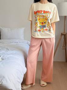 DAZY Conjunto de pijama para mujer con Top de camiseta holgada con estampado de dibujos animados lindos y pantalones de unicolor
