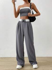 SHEIN EZwear Contrast Trim Tube Top & Straight Leg Trousers - Grey - View 1