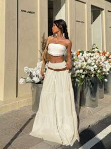 MainGRL Women's Apricot Casual Ruffle Hem A-Line Skirt, Summer - Apricot - View 6