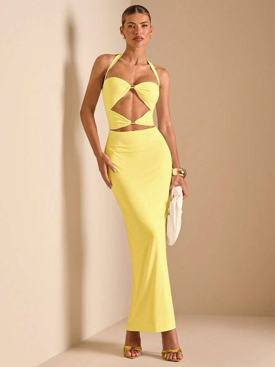 SHEIN BAE Đầm Maxi Ôm Sát Gợi Cảm Khoét Hở Lưng Buộc Dây Kim Loại Nhiều Lớp, Phong Cách Kỳ Nghỉ - Màu vàng - Xem 1
