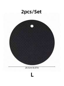 2pcs/Set Silicone Insulation Pad, Modern Black Honeycomb Textured Round Anti-Slip Hot Pot Mat For Table, Heat Resistant Slip Proof Kitchen Items, Practical Holiday Home Gift - Black - View 4