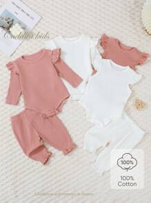 6pcs/Set Newborn Baby Girl Knitted Romper With Flutter Sleeves & Ruffled Collar Jumpsuit With Long Pants, Comfortable Pajamas - Multicolor - View 1