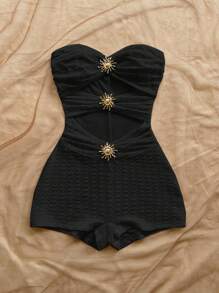 Soleia Combinaison slim blanche texturée en maille avec décoration métallique, convenant pour soirée, rendez-vous, thé de l'après-midi, festival de musique, croisière à la plage, tenue d'été