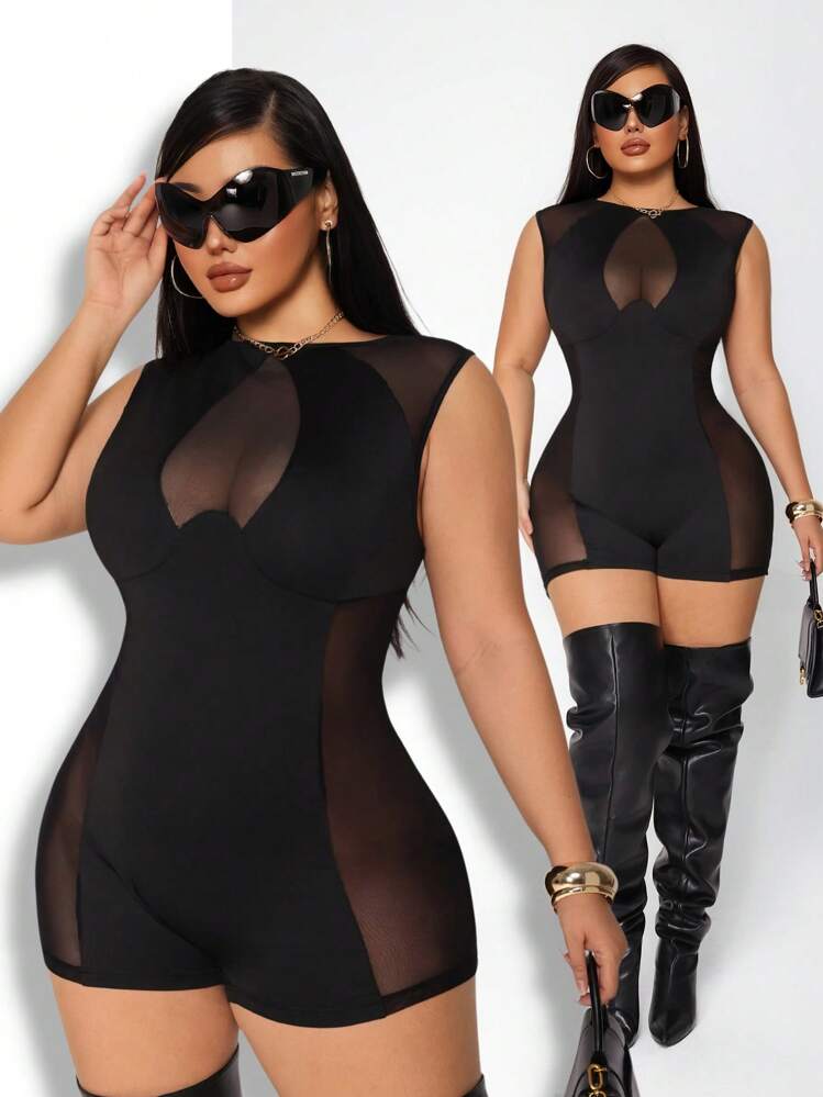 SHEIN SXY Plus Size Women's Sexy Mesh Patchwork Bodycon Jumpsuit, Suitable For Street, Casual, Sexy, Daily Wear, Shopping, Dating. Cool, Comfortable, Easy To Match, Looks Slim, Accentuates The Body, Flattering Figure.,Club Outfits Women Sexy, Mesh Bodysuit - Black - View 1