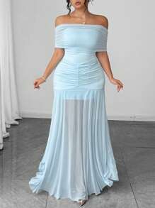 Elenzga Váy len hở vai cỡ lớn cho nữ, váy dài lưới chắp vá màu xanh nhạt - Màu xanh nhạt - Xem 5