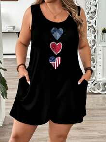 EMERY ROSE Legerer minimalistischer amerikanischer Unabhängigkeitstag Flagge, Herz, Stern, gestreifter & abstrakter Muster Jumpsuit in großen Größen, geeignet für Frühling/Sommer Lässig, Urlaub, Musikfestival