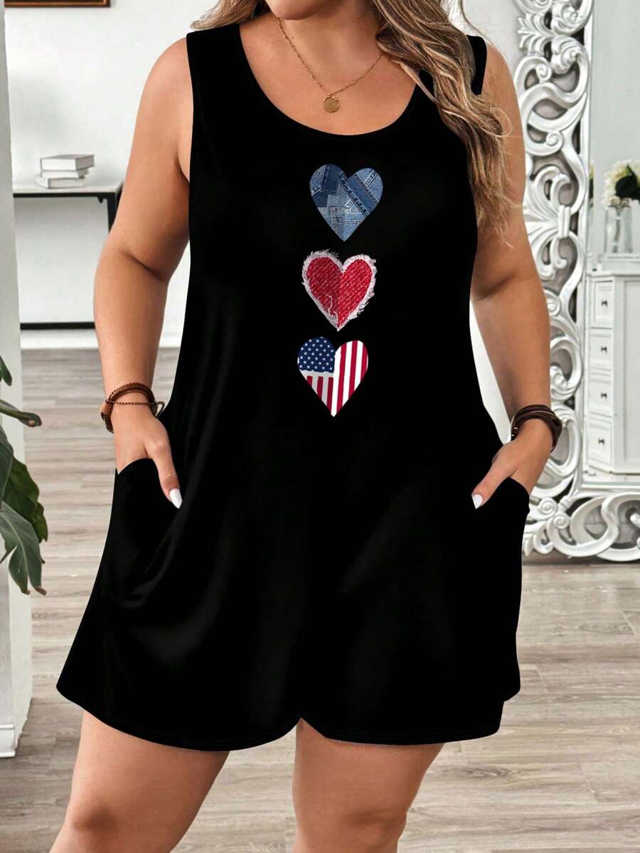 EMERY ROSE Legerer minimalistischer amerikanischer Unabhängigkeitstag Flagge, Herz, Stern, gestreifter & abstrakter Muster Jumpsuit in großen Größen, geeignet für Frühling/Sommer Lässig, Urlaub, Musikfestival