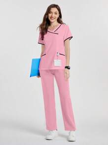 TaskEZ Áo đồng phục phẫu thuật tay ngắn cổ chữ V có túi cho nữ - Màu Hồng  San hô - Xem 5