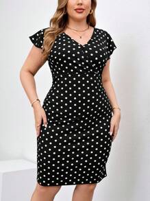 SHEIN Clasi 大码圆点荷叶边袖紧身连衣裙 - 黑與白 - 查看 5