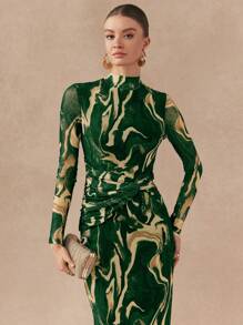 Almamuse Women's Stand Collar Long Sleeve Casual Long Dress With Twist Design Maxi Women Outfit - Green - View 6