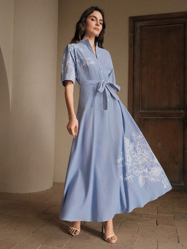 Women's Shirt Dress With Positioning Print, Summer Short Puff Sleeve Striped Positioning Print Waist A-Line Dress Casual Airport Outfit Sash Tie Waist Slimming Dress