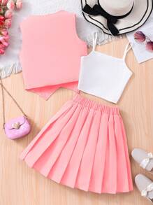 SHEIN 少女优雅通勤三件套 | 韩版学院风上衣+吊带背心+百褶迷你裙 | 时尚套装 | 甜美公主风百搭套装 - 粉色 - 查看 2