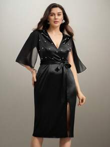 SHEIN Clasi Khăn choàng satin thanh lịch, váy midi bó eo trang trí ngọc trai taffeta cho phụ nữ ngoại cỡ, váy dự tiệc cưới mùa hè - màu đen - Xem 5