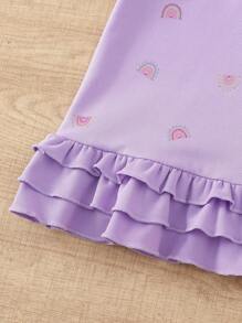 SHEIN Playful Pals 女婴泡泡袖紫色高领彩虹印花荷叶边下摆休闲短袖连衣裙 - 紫色 - 查看 6