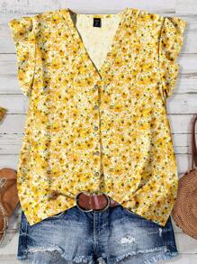 EMERY ROSE Curve Plus Size 女式日常休闲度假V领小袖碎花宽松衬衫，女式夏季，度假女装，外出上衣女装，可爱夏日 - 彩色 - 查看 1