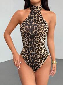 Flirla Body de cuello alto con estampado de leopardo, espalda descubierta, super elástico, suave y cómodo, casual, deportivo, de uso diario y versátil para mujer, para el verano