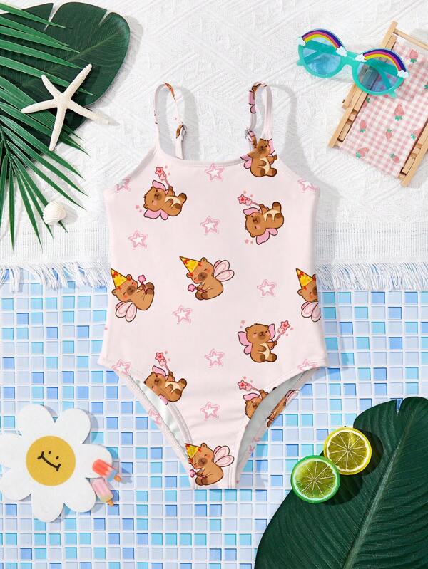 Traje de baño de una sola pieza, casual de verano, con estampado de capibaras y hadas, para niñas jóvenes
