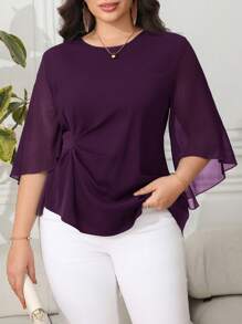 Reflora 大码优雅通勤纯色喇叭袖衬衫 - 紫色 - 查看 3