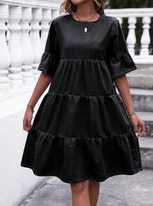 EMERY ROSE Women's Casual Fashion Round Neck Short Sleeve Denim Babydoll Dress - Black - View 4