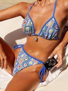 Swim Vcay Women's Plaid Patchwork Tropical Plant & Oceanic Print Bikini 2 Pieces Set For Summer Beach Vacation - Blue - View 2