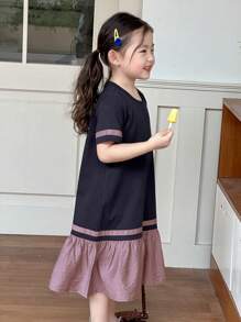 Dazy Kids Young Girl Summer Casual Colorblock Ruffle Hem Loose Dress - Black - View 4